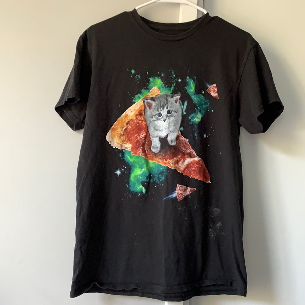 2 for 1 fun black short sleeve cat shirts. One medium and one small
